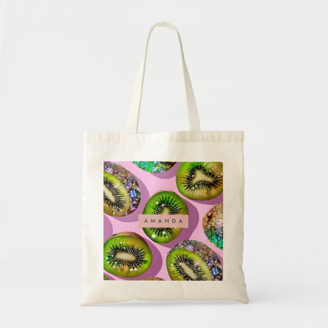 Tote Bag Personalized Vibrant Glitter Kiwi Pop Art Design (Devant)