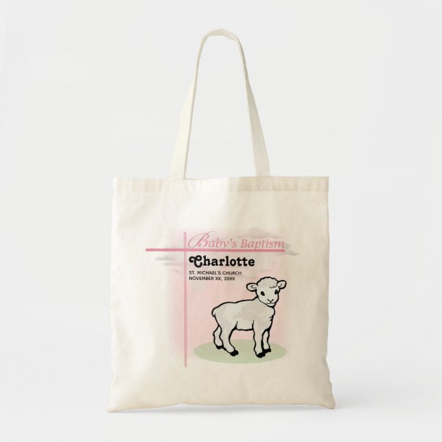 Tote Bag Personnalisable, Baptême, Rose, Fille, Agneau (Devant)