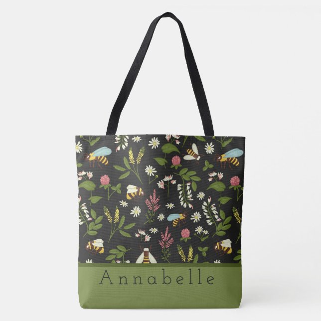 Tote Bag Personnalisation de l'abeille et des fleurs occupé (Devant)