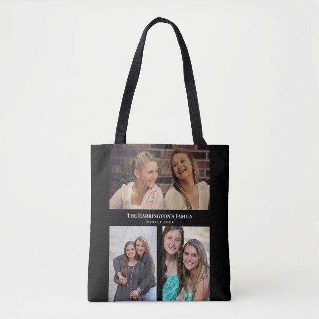 Tote Bag Personnalisé 3 sections Famille Photo Collage Blac (Devant)