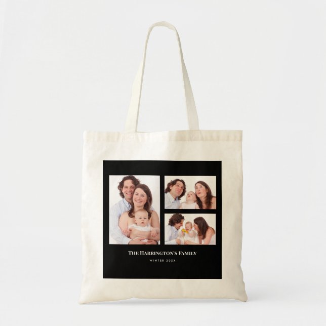 Tote Bag Personnalisé 3 sections Famille Photo Collage Blac (Devant)