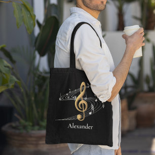 Tote Bag Personnalisé Black Gold Music Treble Clef élégant