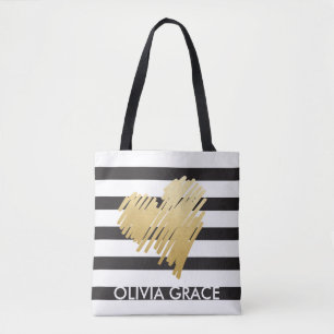 Tote Bag Personnalisé Faux Gold Heart Noir rayé