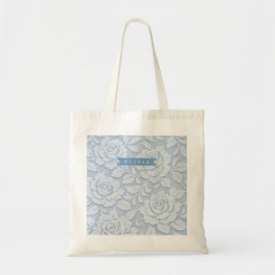Tote Bag Personnalisé Fleurs en dentelle bleue Élégant Roma