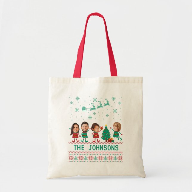 Tote Bag Personnalisé Funny Face Photo Noël Famille d'elfes (Devant)