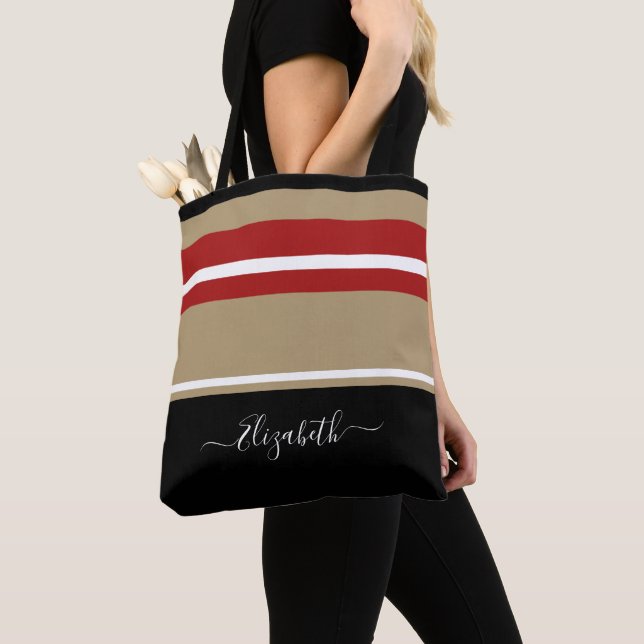 Tote Bag Personnalisé Moderne Tan Rouge Noir tendance rayur (De près)
