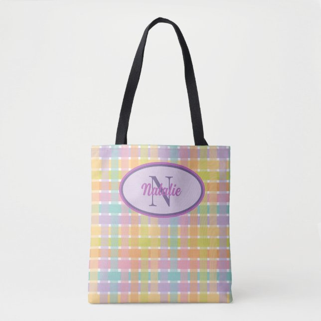 Tote Bag Personnalisé Monogramme Feminine motif rayé coloré (Devant)