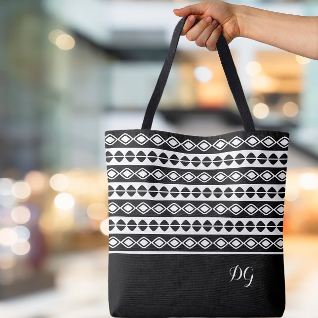 Tote Bag Personnalisé Ornemental Gras Motif noir géométriqu (Stylish Custom Monogrammed Initials Ornamental Bold Black & White  Pattern Geometric Canvas Tote Bag)