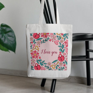 Tote Bag Personnalisé Rose Floral Coeur Je t'aime Fête des