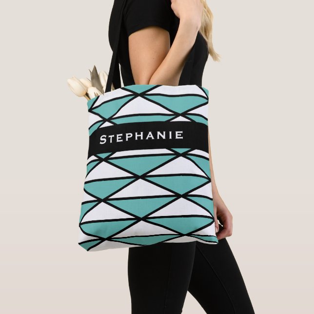 Tote Bag Personnalisé Turquoise noir  Chic Motif géométriqu (De près)
