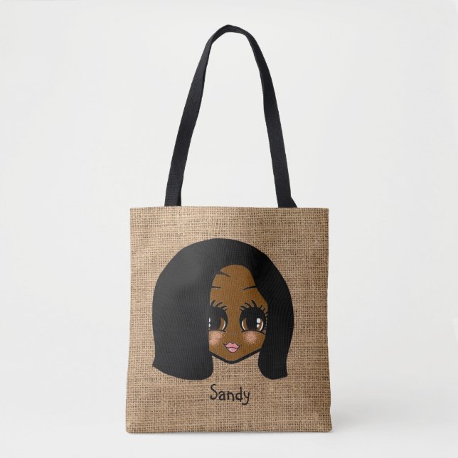 Tote Bag Personnalisée noire fille Caricature Jute Print Fo (Devant)