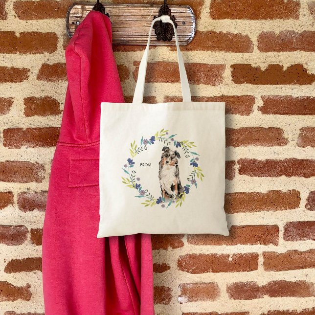 Tote Bag Personnaliser Watercolor Australian Shepherd (Cute watercolor dog in floral wreath)