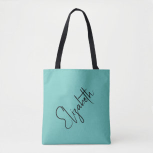 Tote Bag Personnalisez votre nom Turquoise et rose manuscri
