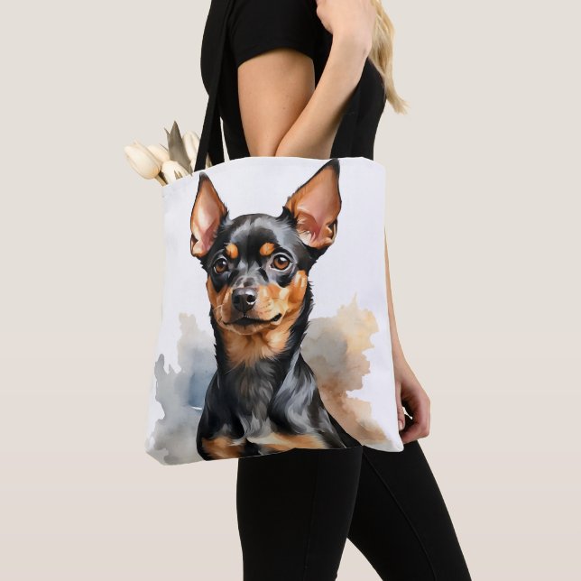 TOTE BAG PETIT CHIEN À POULET DE MINIATURE NOIR ET TAN (De près)
