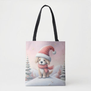 Tote Bag Petit chiot de Noël en chapeau santa