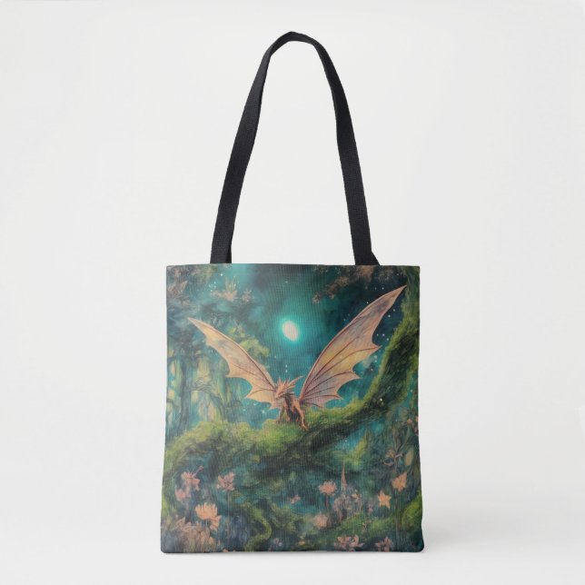 Tote Bag Petit dragon Brown dans une forêt magique verte (Devant)