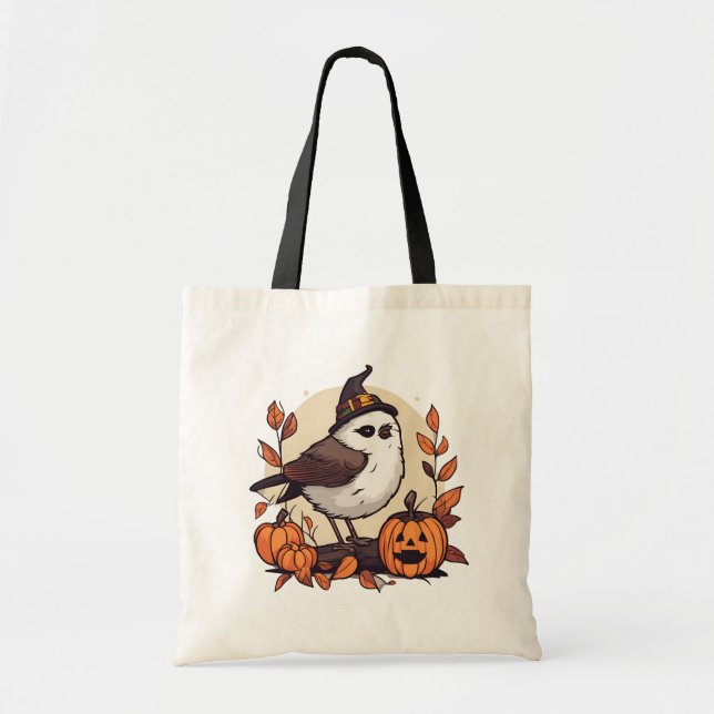 Tote Bag Petit oiseau d'Halloween avec Casquette de sorcièr (Devant)