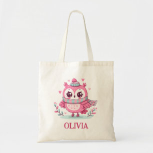 Tote Bag Petite chouette rose mignonne portant écharpe et c