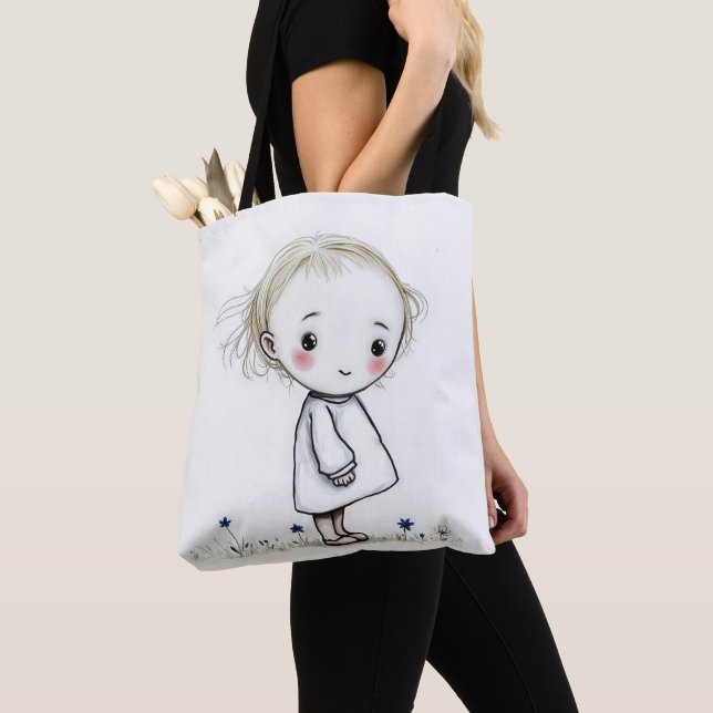 Tote Bag Petite Esquisse De Fille Avec Fleur sauvage (De près)