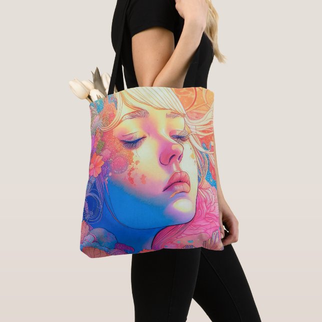 Tote Bag Petite fille colorée entourée de fleurs | (De près)