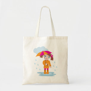 Tote Bag Petite Fille en Manteau Orange avec Parapluie Rose