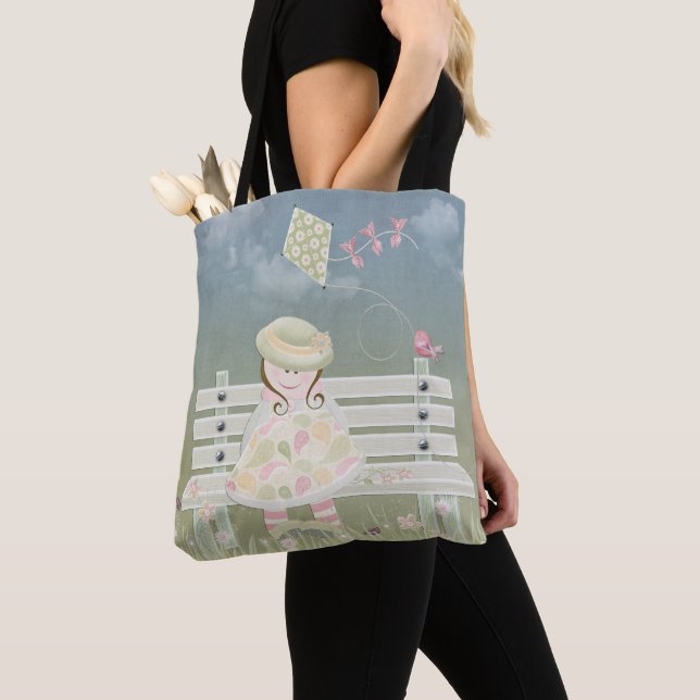 Tote Bag petite fille sur le banc du parc avec cerf-volant  (De près)