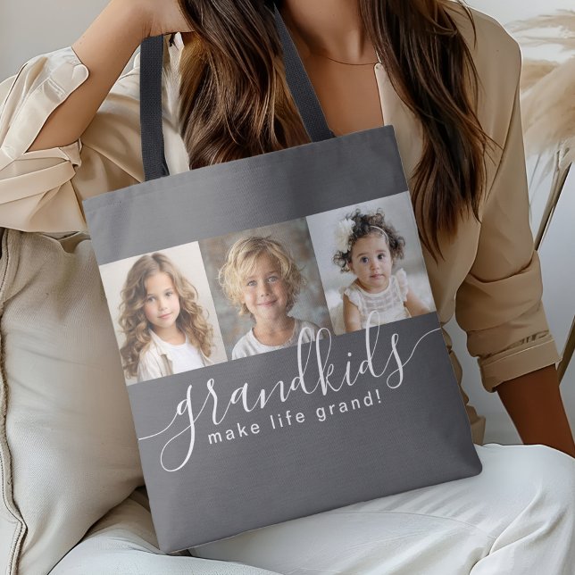 Tote Bag Petits-enfants font la vie Grand 3 Photo Collage G (Personalize with 3 photos of the grandkids for a great gift for grandparents!)