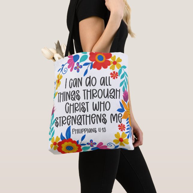 Tote Bag Philippiens 4:13 Bible Écriture Folk Art Floral (De près)