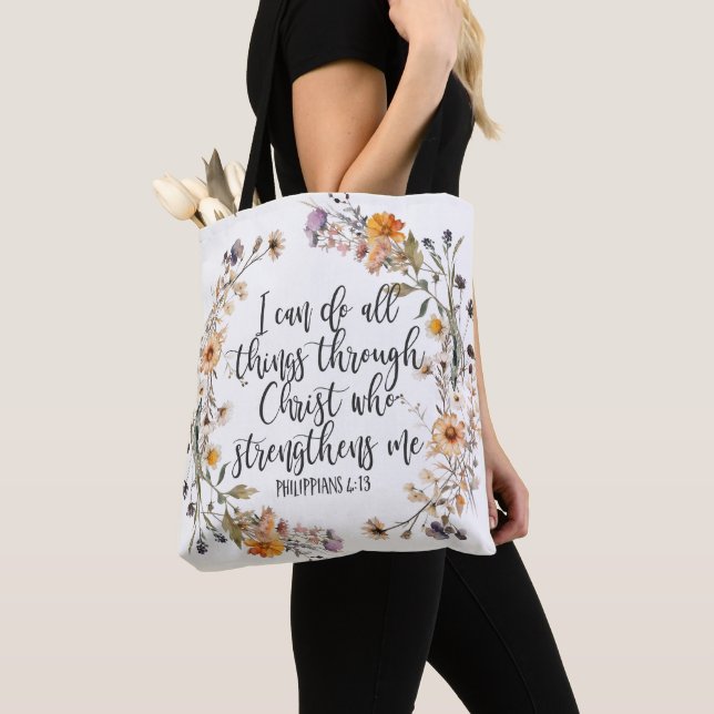 Tote Bag Philippiens 4:13 Bible Scripture Verse Floral Boho (De près)