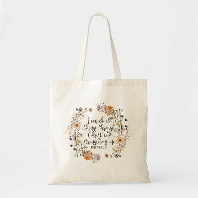 Tote Bag Philippiens 4:13 Bible Scripture Verse Floral Boho (Devant)