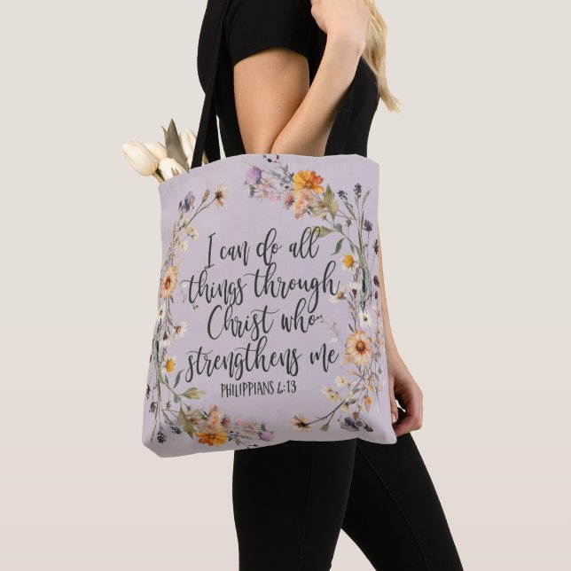 Tote Bag Philippiens 4:13 Bible Scripture Verse Floral Boho (De près)