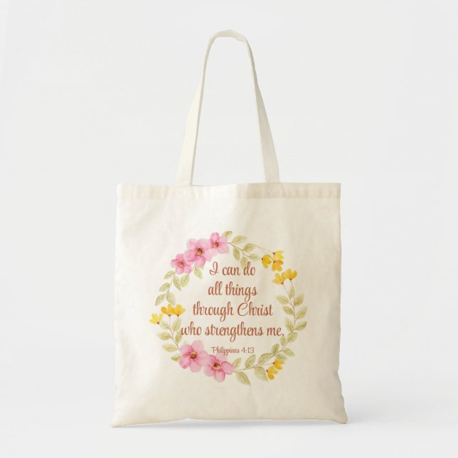 Tote Bag Philippiens 4:13 Écriture florale rose et jaune (Devant)