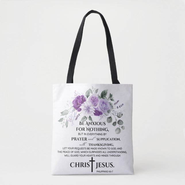 Tote Bag Philippiens 4:6-7 Écriture Fleurs violettes pourpr (Devant)