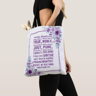 Tote Bag Philippiens 4:8 Noble Bible Verse Violet Rose