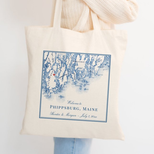 Tote Bag Phippsburg Maine Map Mariage élégant Bienvenue (These Phippsburg Maine Map wedding welcome tote bags are perfect for your 1774 Inn wedding)