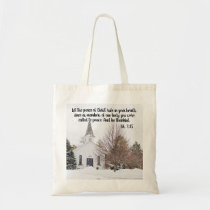 Tote Bag Photo de verset biblique de l'église en hiver sous