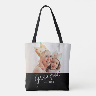 Tote Bag Photo Noir avec Texte Grand-Mère Établie