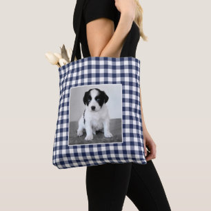 Tote Bag Photo personnalisée Marine Bleu En vichy blanc