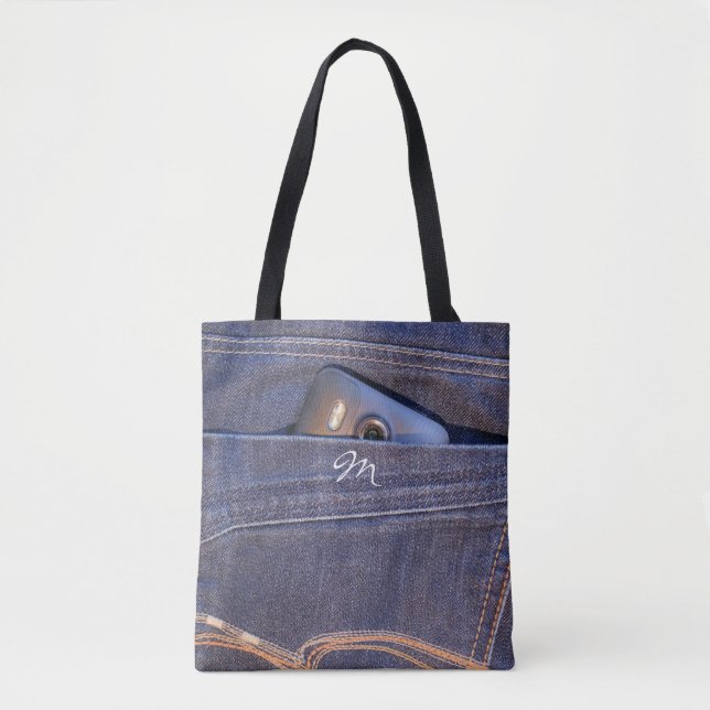 Tote Bag Photo Phone in blue demin jeans monogram (Devant)
