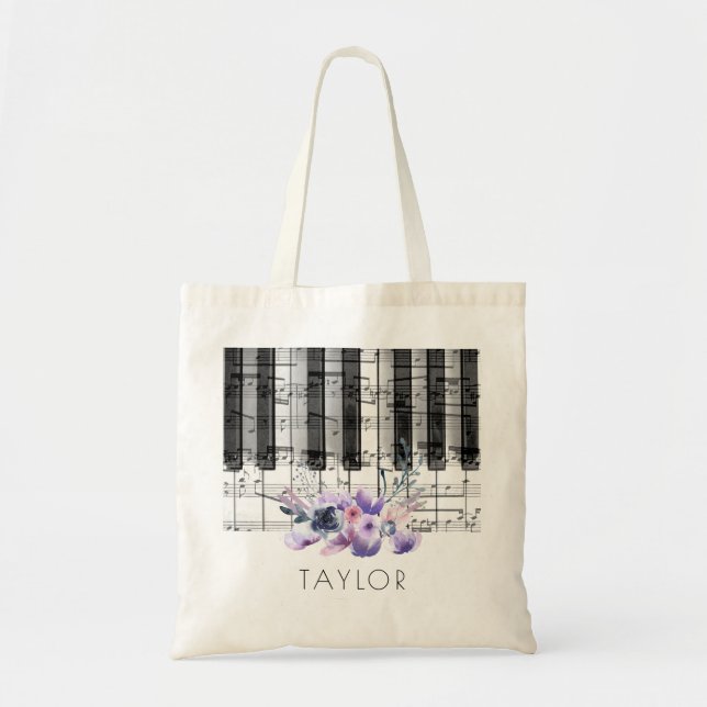 Tote Bag piano de musique nom fleuri violet (Devant)