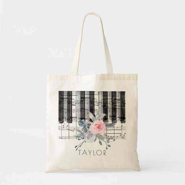 Tote Bag piano musique bleu poussiéreux et fleurs roses (Devant)