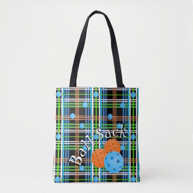 Tote Bag Pickleball Ball Sack - Plaid noir et bleu (Devant)