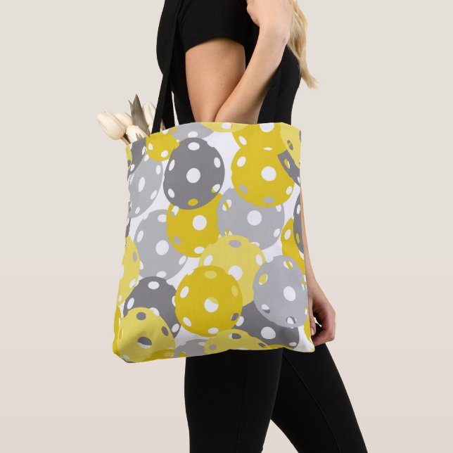 Tote Bag 💛 Pickleball - jaune, gris sur blanc, 2021 couleu (De près)