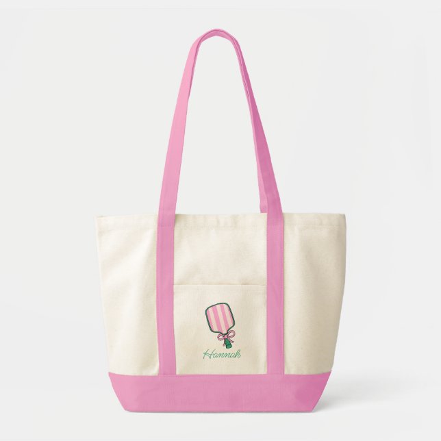 Tote Bag Pickleball rose et vert Preppy Personnalisé (Devant)