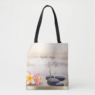 Tote Bag Pierres Zen, Fleurs, Femme silhouette arbre doré