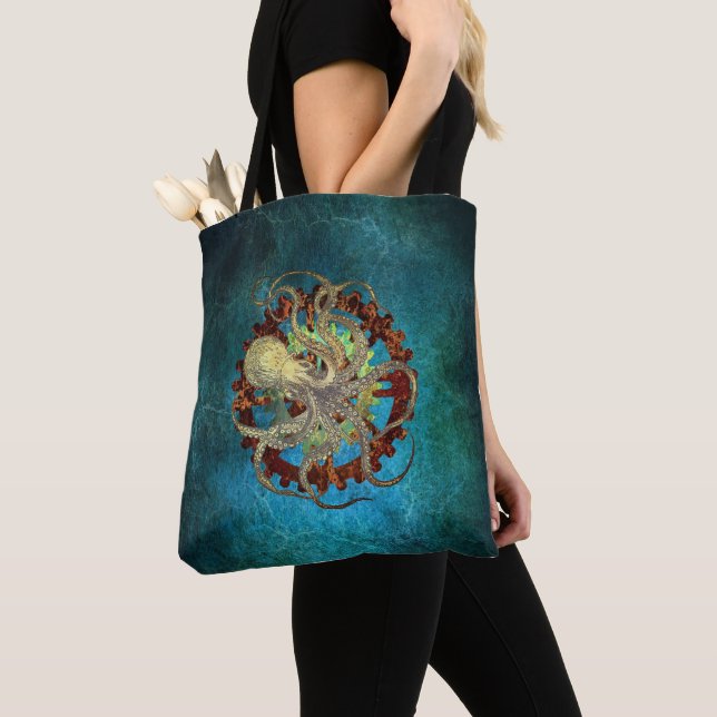 Tote Bag Pieuvre en vapeur et engrenages à horloge (De près)