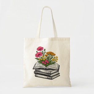 Tote Bag Pile de livres floraux esthétique Lecteur de fleur
