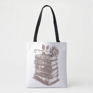 Tote Bag Pile de livres surmontée d'une rose