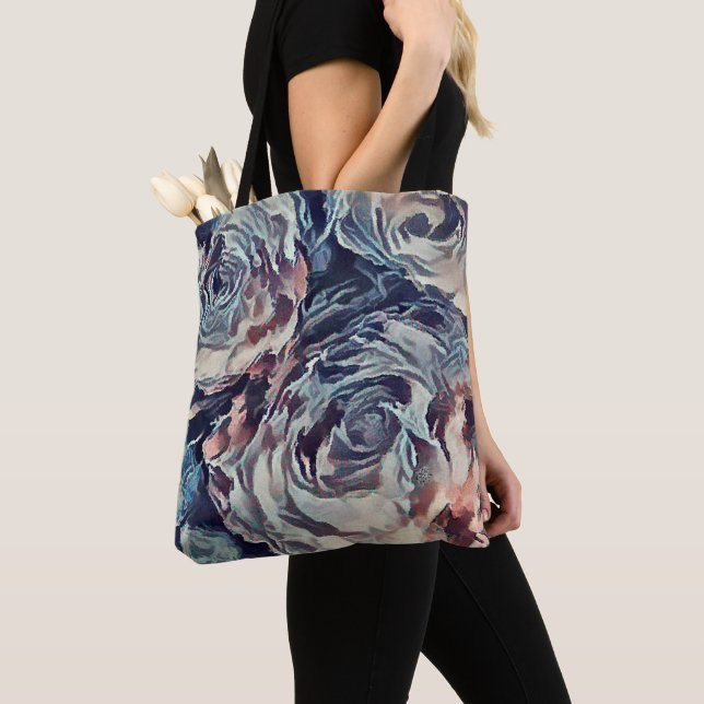 Tote Bag pinceau d'art Abstrait texturé rose imprimé bleu b (De près)