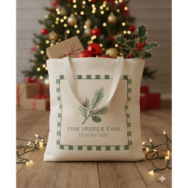 Tote Bag Pine Needle Lane-Pinecone Print & Gingham Border